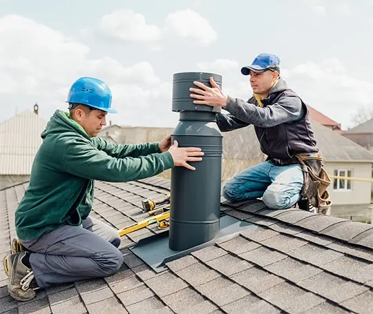 Two professional roofers installing flashing around chimney 