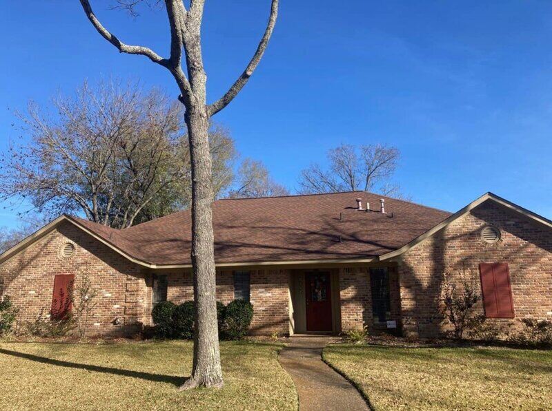 home under leafless trees