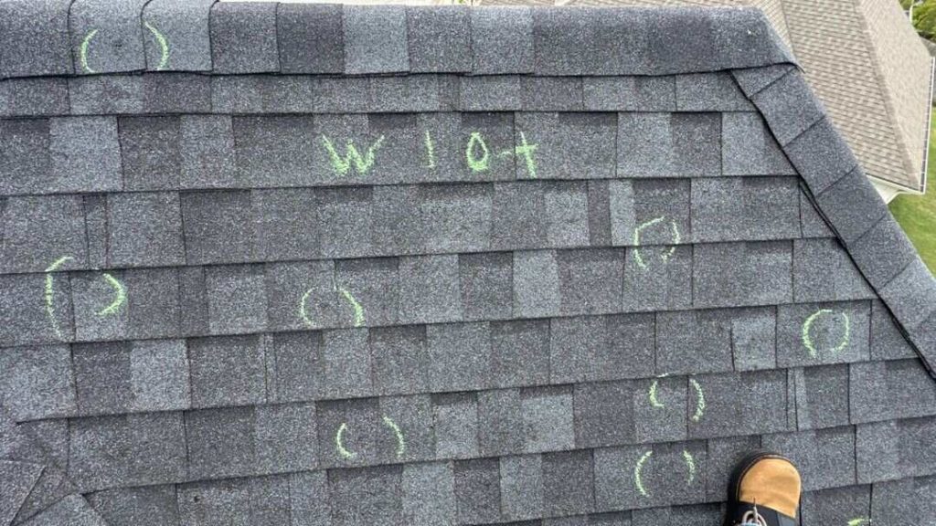 hail damage roof inspection with marked hail impacts