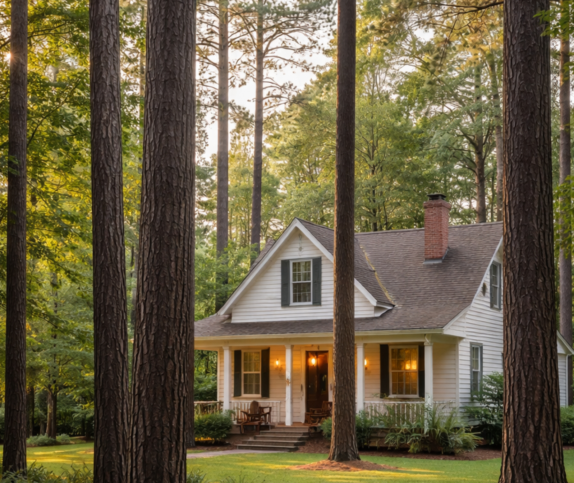home in the trees with pine needles on the roof
